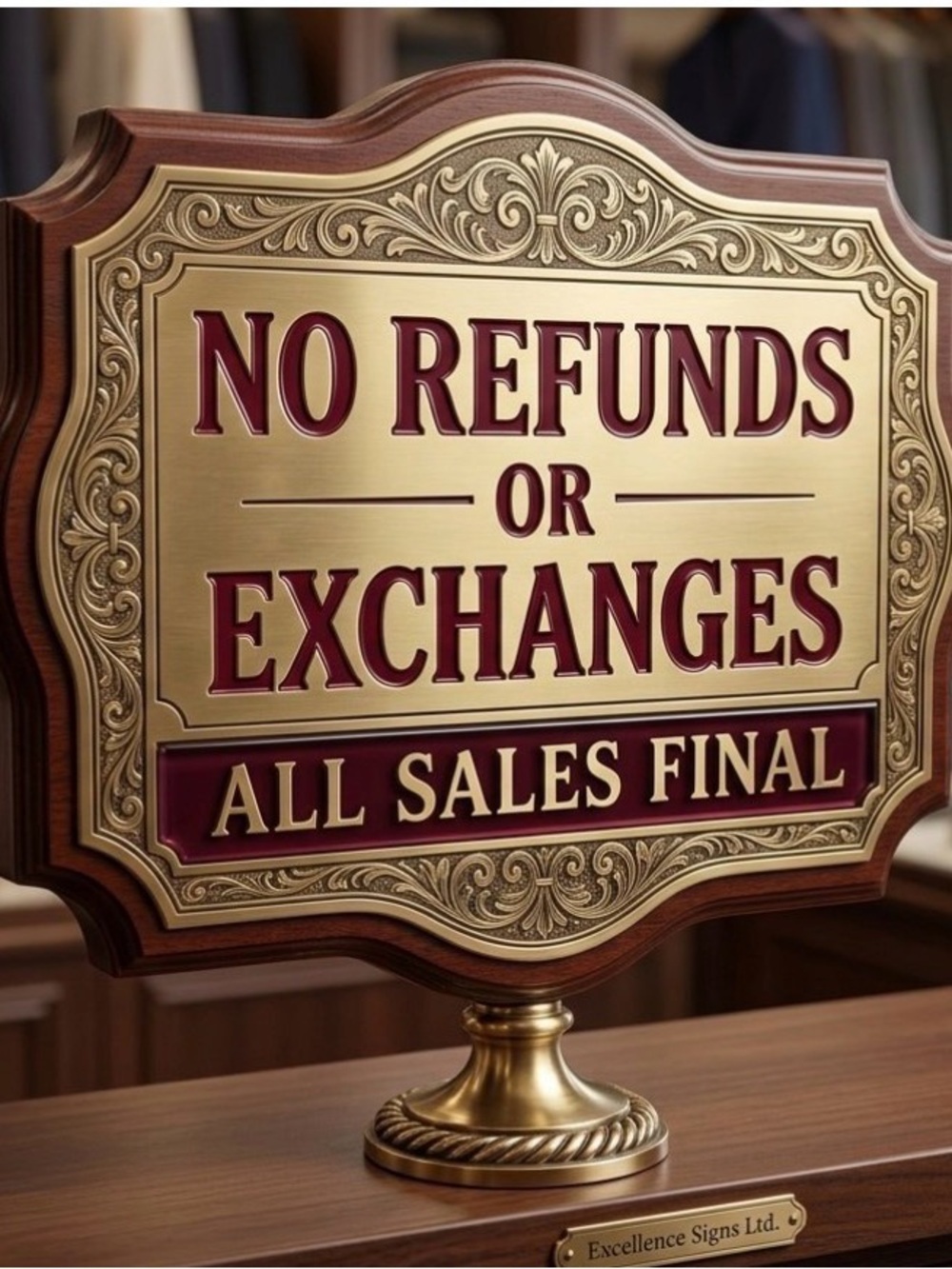 Gucci Gold and Burgundy Ornate "No Refunds or Exchanges" Display Plaque